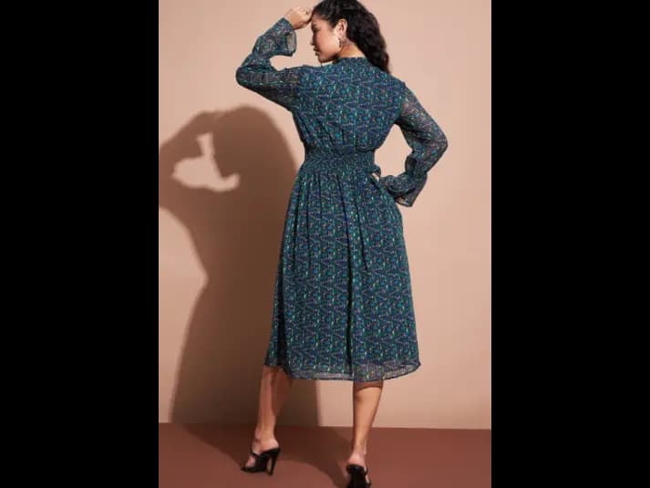 Beige Floral Print Puff Sleeve Fit & Flare Midi Dress (3)