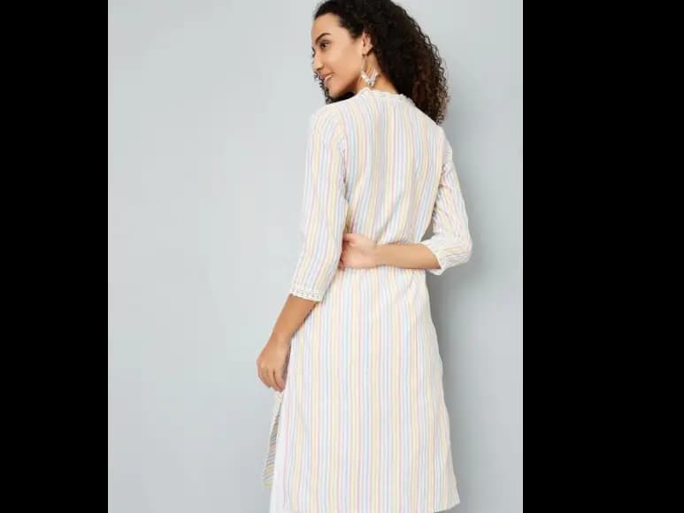 Striped Printed V-Neck Regular Cotton Straight Kurta (4)