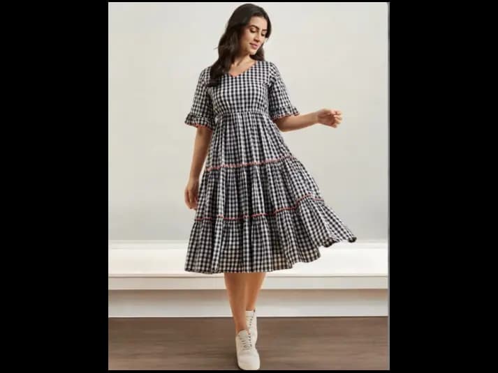 Checked Cotton Empire Puff Sleeve Layered Fit & Flare Midi Dress