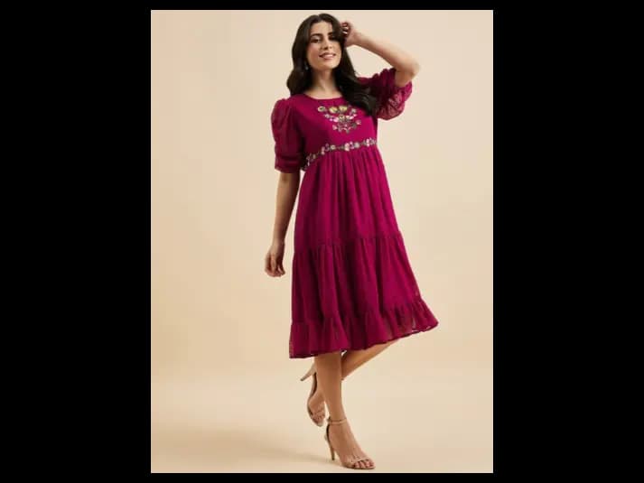 Floral Embroidered Round Neck Short Puff Sleeves Georgette Fit & Flare Tiered Dress (3)