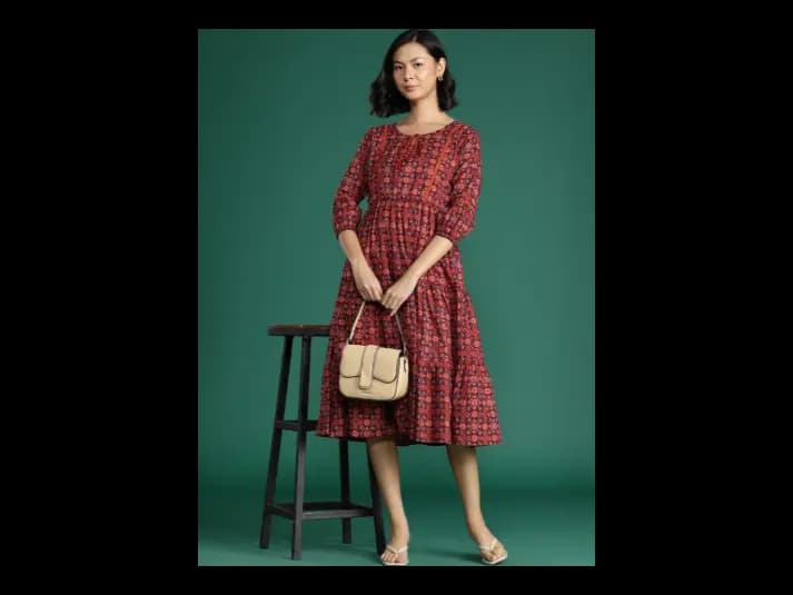 Ethnic Motifs Print Tie-Up Neck Puff Sleeve Pure Cotton Fit & Flare Midi Dress (2)