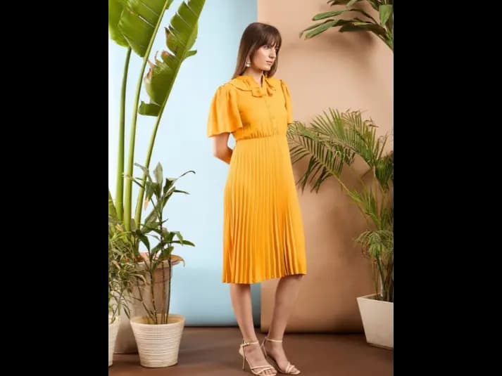Mustard Yellow Ruffle Flared Sleeves Accordian Pleated Fit & Flare Midi Dress (2)