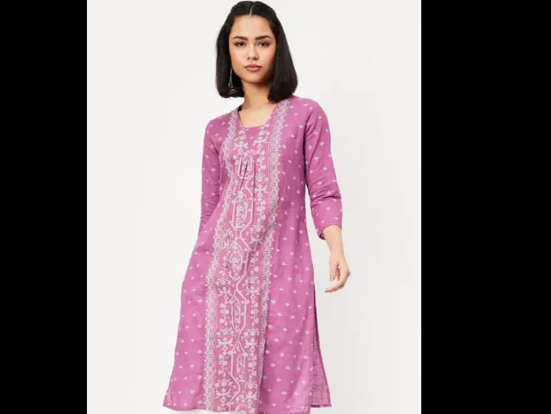 Ethnic Motifs Woven Design Pleated V-Neck Straight Kurta