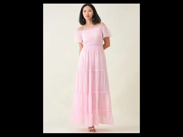 Off-Shoulder Smocked Tiered Chiffon Fit & Flare Maxi Dress