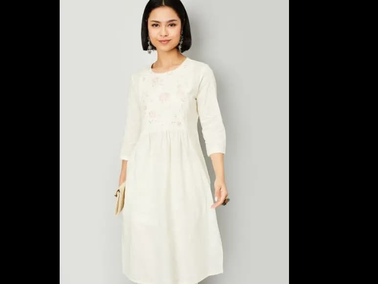 Floral Embroidered Sequinned A-Line Pure Cotton Kurta (2)