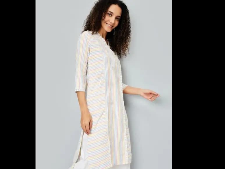 Striped Printed V-Neck Regular Cotton Straight Kurta (3)