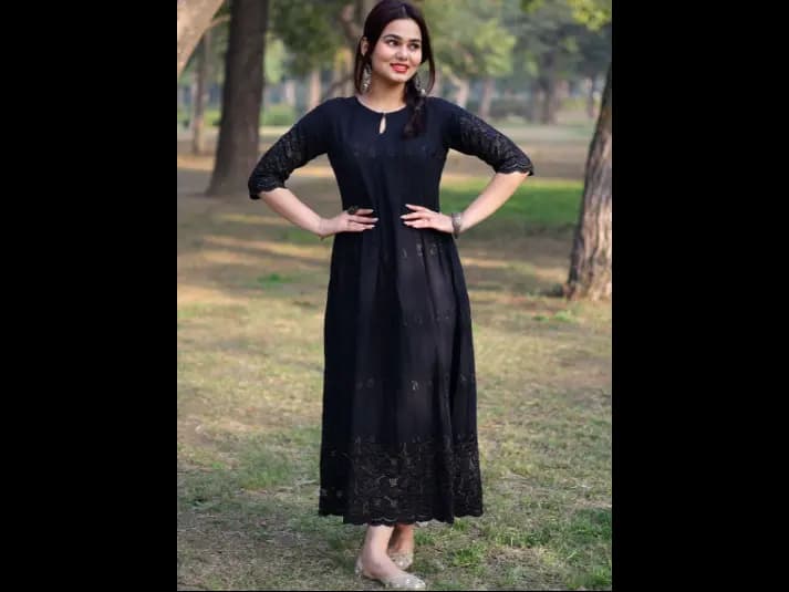 Black Embroidered Ethnic Motifs A-Line Dress (5)