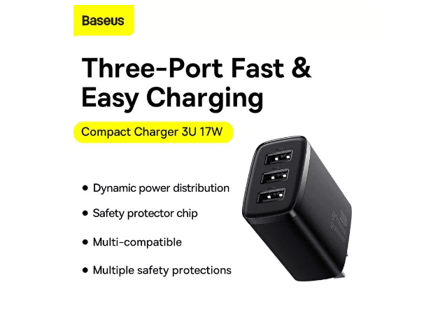 Baseus Compact Charger 3U 17W CN Black- CCXJ020001 – 8 Months Warranty (3)