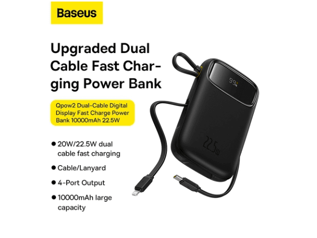 Baseus Qpow2 10000mAh 22.5W Dual-Cable Digital Display Fast Charge Power Bank Cluster Black(With: Simple charging cable Type-C 3A 0.3m Black) – P10055001112-00 (5)