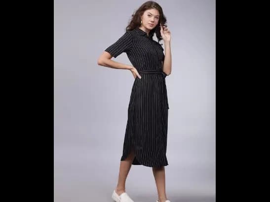 Women Black Striped Shirt Dress (4)