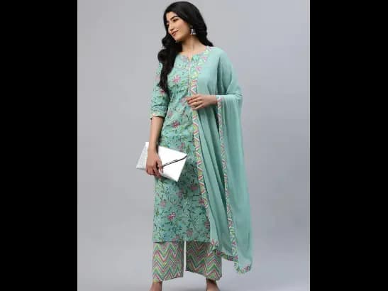 Sea Green Floral Printed Kurta with Palazzos & Dupatta (2)