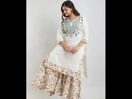 Off White Floral Yoke Desig Mirror Work Pure Cotton Kurta & Sharara With Dupatta (2)