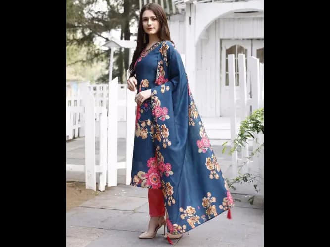 Floral Print Straight Kurta with Pants & Dupatta (7)