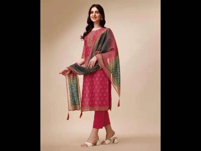 Embellished Straight Kurta with Pants & Dupatta Set