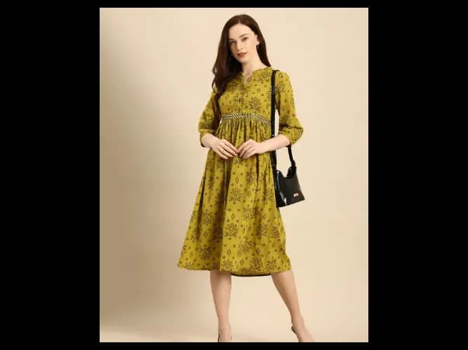 Green Ethnic Motifs Printed A-Line Dress (3)