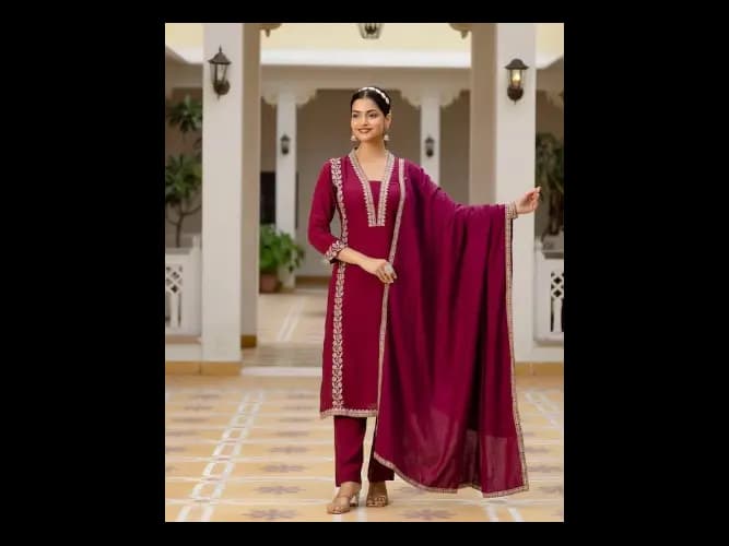 Floral Embroidered Panelled Kurta with Trousers & Dupatta (3)