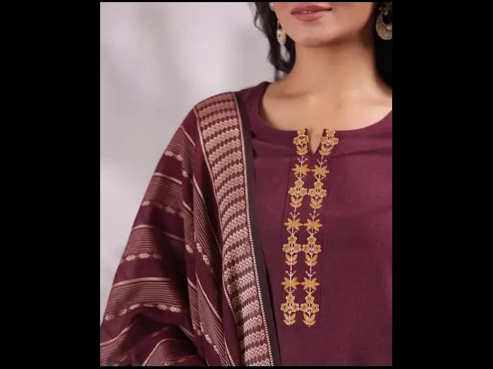 Yoke Design Regular Thread Work Pure Cotton Kurta with Trousers & With Dupatta (4)