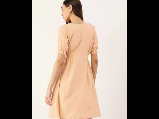 Puff Sleeves Crepe A-Line Dress (5)