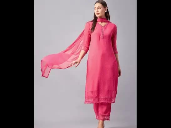 Textured Woven Design Regular Mirror Work Straight Kurta With Palazzos & Dupatta