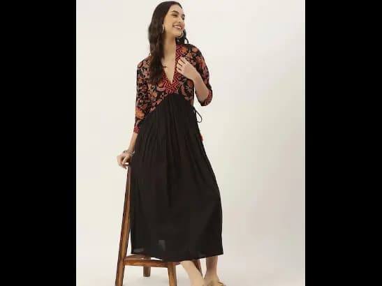 Black Ethnic Motifs A-Line Gathered Midi Dress (3)