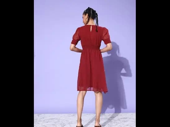 Dobby Puff Sleeves Fit & Flare Dress With Smocked Detail (2)