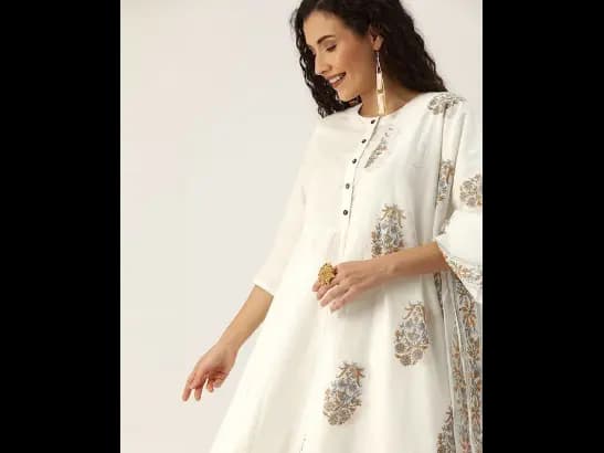 Off-White & Grey Sanganeri Handblock Print A-Line Sustainable Kurta Set & Dupatta (2)