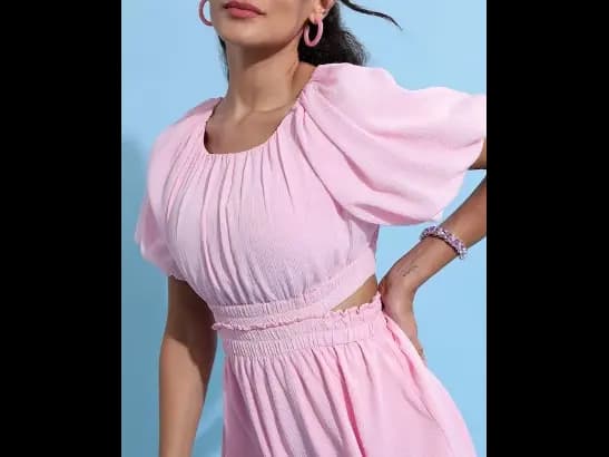 Pink Puff Sleeves Cut Out Fit & Flare Dress (4)