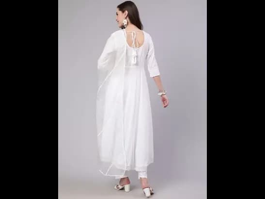 White Round Neck White Regular Self Design Thread Work Kurta SET (5)