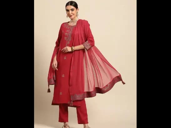 Red & Navy Blue Ethnic Motifs Printed Kurta with Trousers & With Dupatta