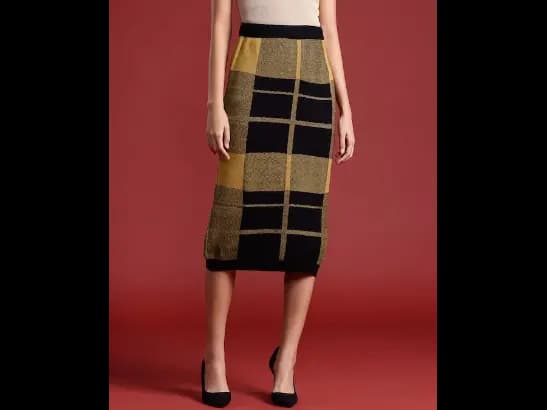 Pure Acrylic Checked Midi Straight Skirt (3)