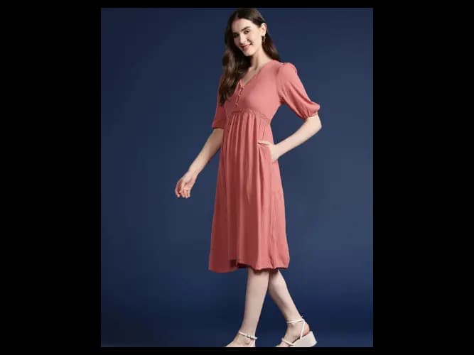 Pure Cotton Lace Insert & Gathered Detail Puff Sleeves Empire Dress (4)