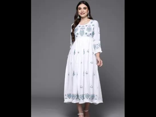 White Ethnic Motifs Embroidered Ethnic A-Line Midi Dress