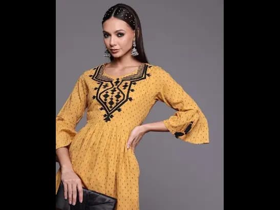 Mustard Yellow Ethnic Motifs Embroidered Ethnic A-Line Midi Dress (2)
