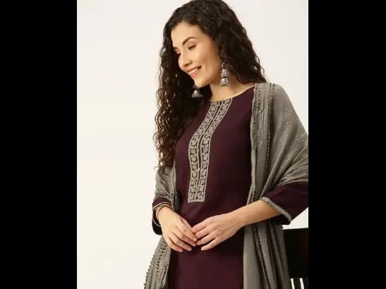 Women Maroon Ethnic Motifs Embroidered Kurta with Trousers & With Dupatta (7)