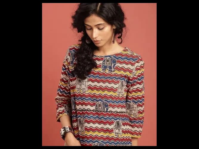 Beige & Maroon Hand Block Print Kalamkari A-Line Pure Cotton Sustainable Dress