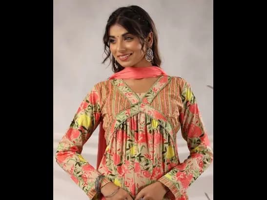 Floral Printed V Neck Pure Cotton A-Line Kurta With Trousers & Dupatta (2)