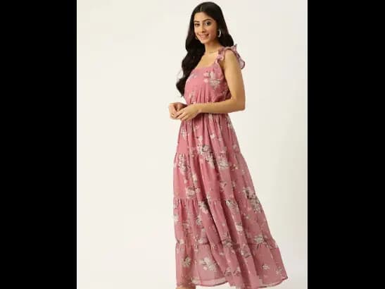 Pink & Beige Floral Print Tiered Maxi Dress