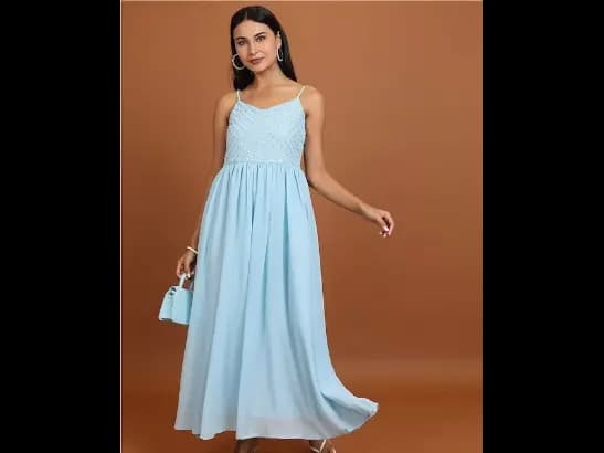 Blue Sequined Shoulder Strapped Maxi Dress