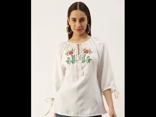 Floral Embroidered Tie-Up Neck Longline Top