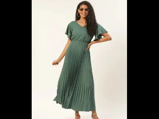 Sage Green Solid Accordion Pleated Maxi Dress (4)