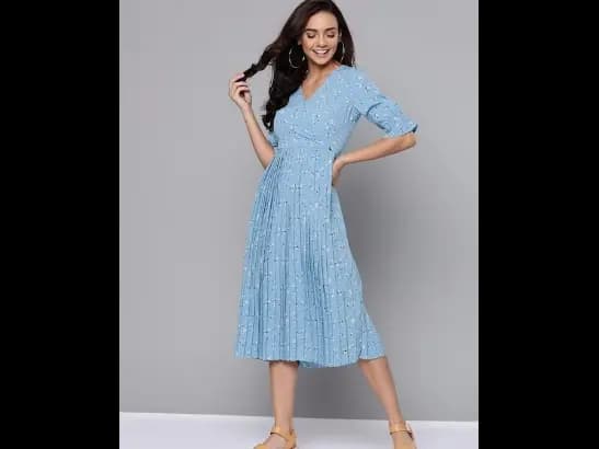 Blue & White Accordion Pleated Floral Printed Wrap Dress (4)