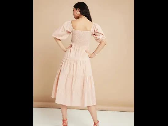 Beige Striped A-Line Midi Dress (3)