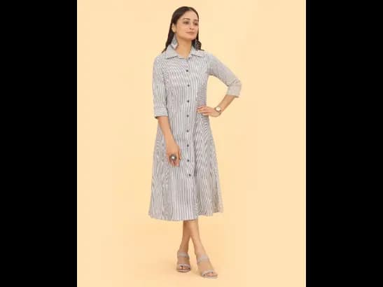 Regular Fit Striped Straight Kurti with Button Closure