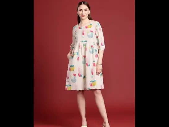 Print Puff Sleeve A-Line Dress