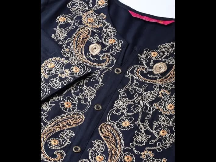 Navy Blue Paisley Floral Embroidery Kurta Set (7)
