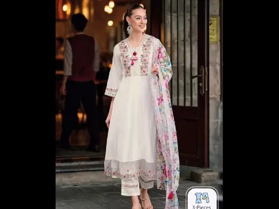 Floral Embroidered Thread Work A-Line Kurta With Trousers & Dupatta
