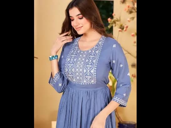 Ethnic Motifs Embroidered Round Neck Embellished Fit & Flare Midi Ethnic Dress (2)