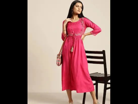 Pink Zari Embroidered Detail Layered Liva A-Line Midi Dress