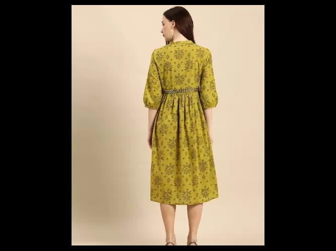 Green Ethnic Motifs Printed A-Line Dress (5)