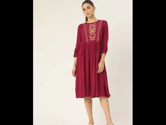 Red Floral Yoke Design A-Line Dress